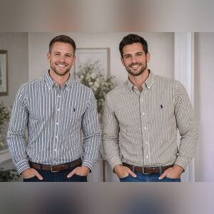 Ralph Lauren Men's Blue and Tan Striped Shirt